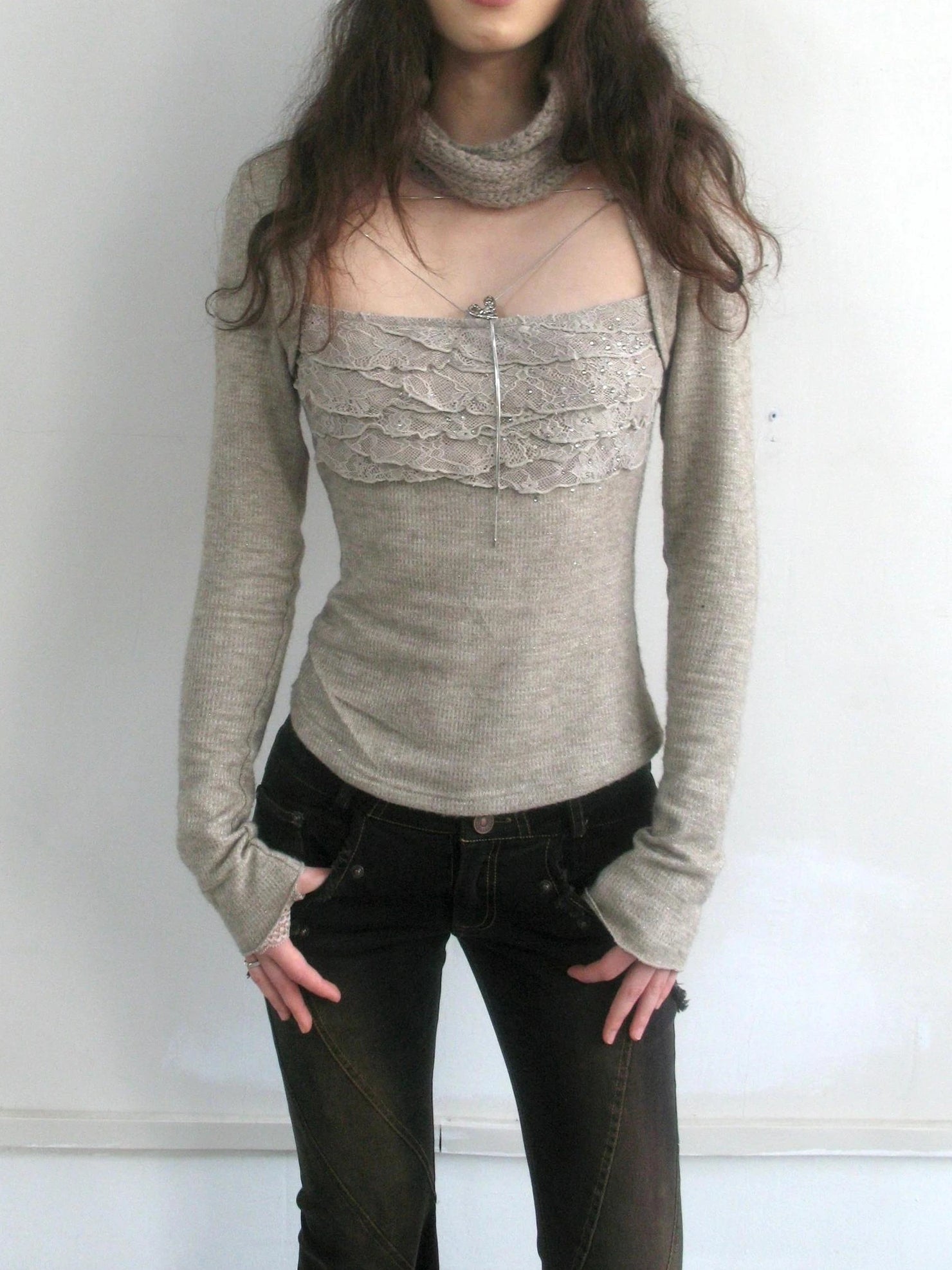 OPEN AESTHETIC Rhinestone Lace Slim Fit Cotton Jersey Knit Women Casual Cami Khaki T-Shirt