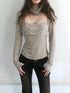 OPEN AESTHETIC Rhinestone Lace Slim Fit Cotton Jersey Knit Women Casual Cami Khaki T-Shirt