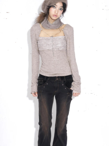 OPEN AESTHETIC Rhinestone Lace Slim Fit Cotton Jersey Knit Women Casual Cami Khaki T-Shirt