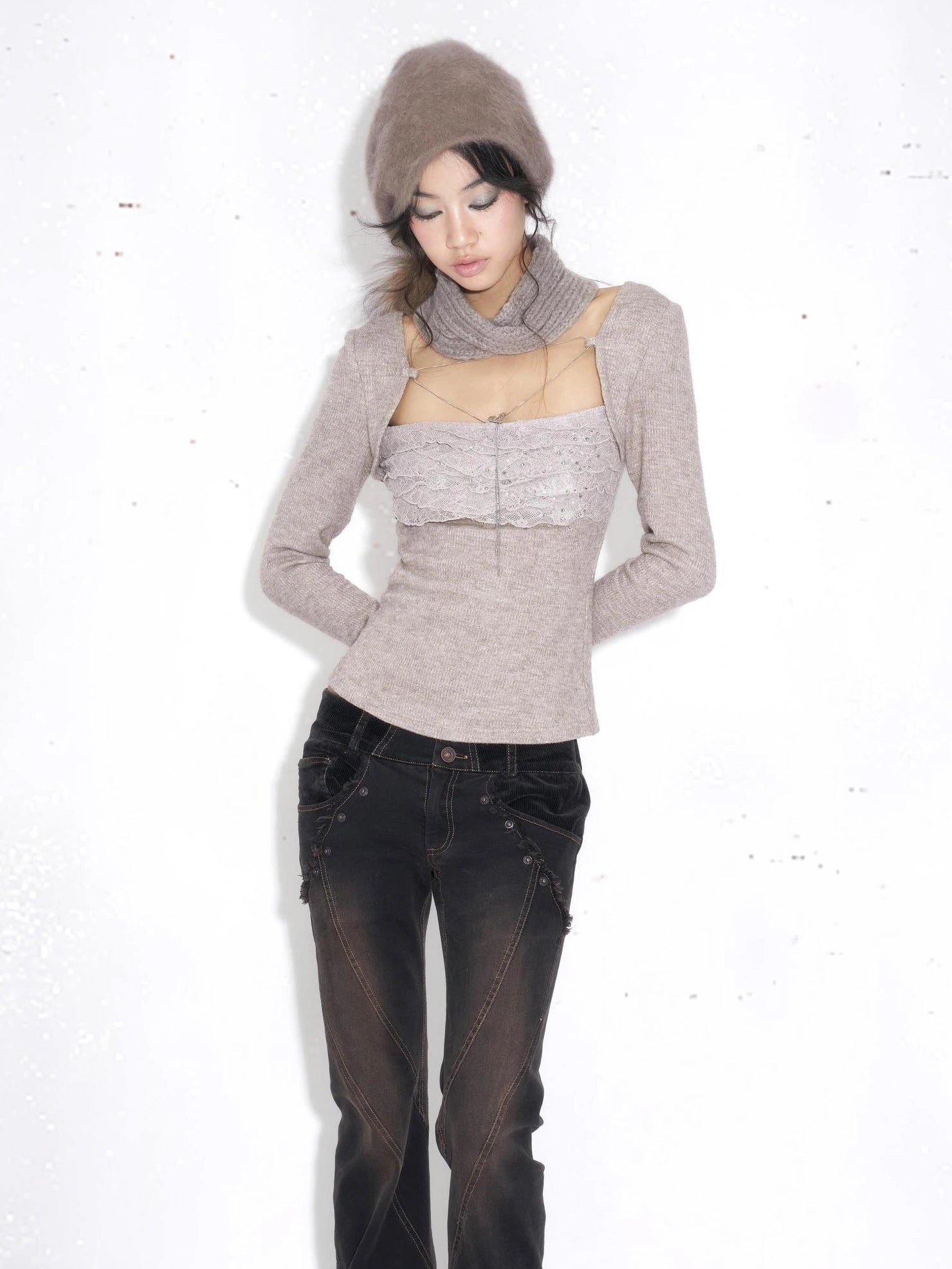 OPEN AESTHETIC Rhinestone Lace Slim Fit Cotton Jersey Knit Women Casual Cami Khaki T-Shirt