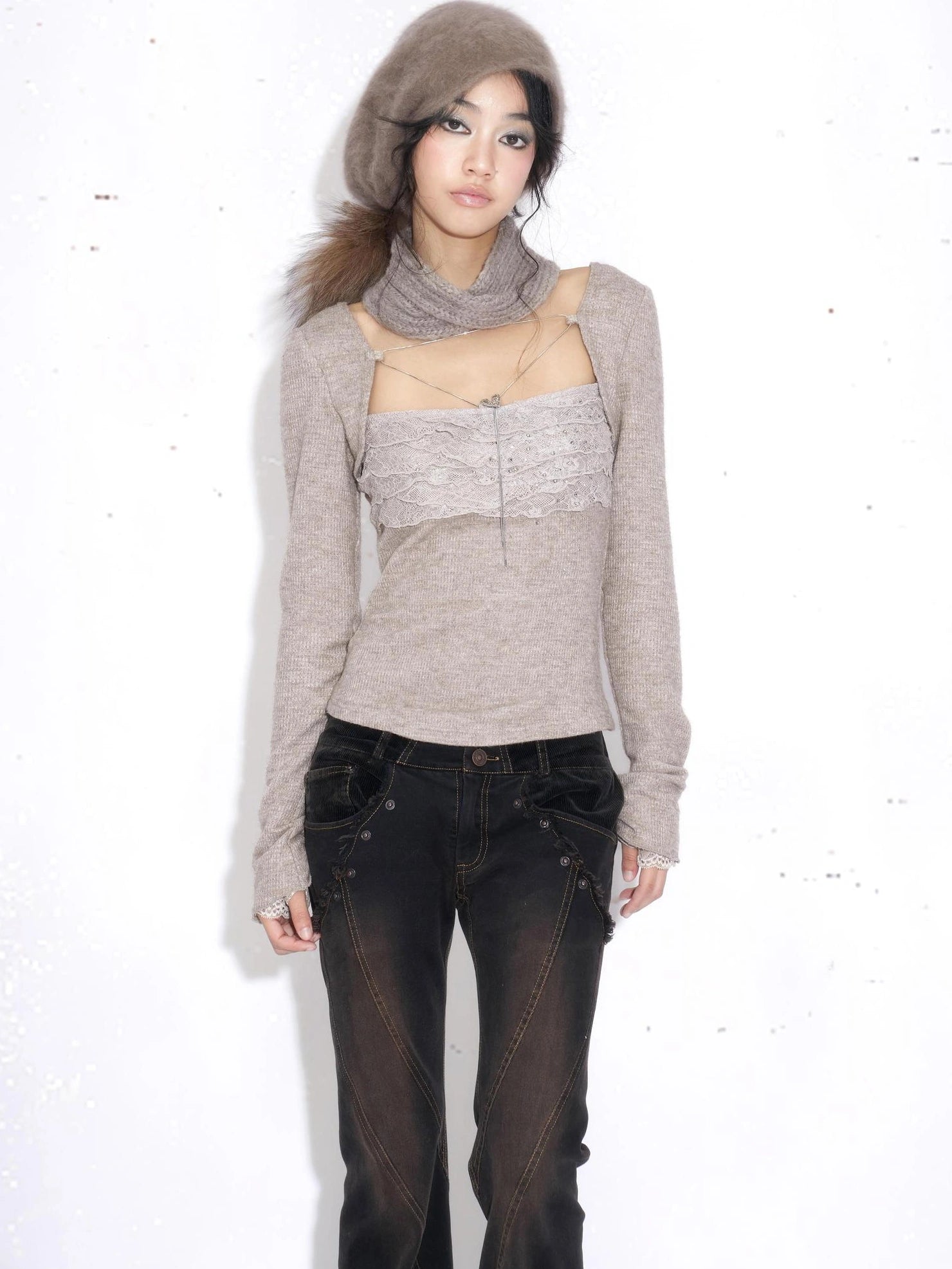 OPEN AESTHETIC Rhinestone Lace Slim Fit Cotton Jersey Knit Women Casual Cami Khaki T-Shirt