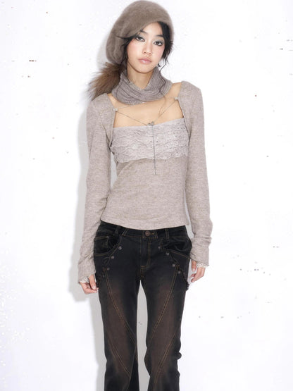 OPEN AESTHETIC Rhinestone Lace Slim Fit Cotton Jersey Knit Women Casual Cami Khaki T-Shirt