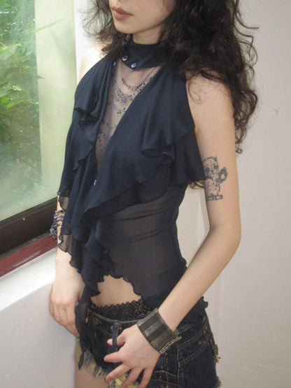 OPEN AESTHETIC Rhinestone Ruffle Button Open Back Slim Women&