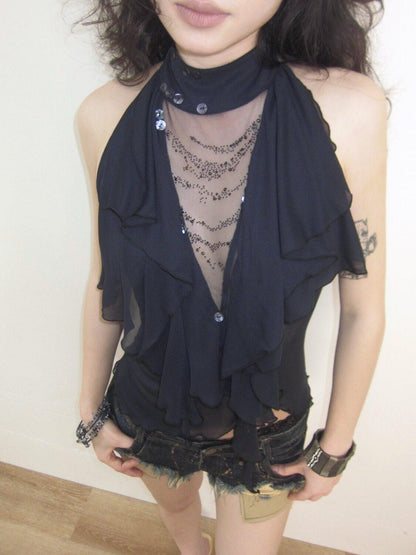 OPEN AESTHETIC Rhinestone Ruffle Button Open Back Slim Women&