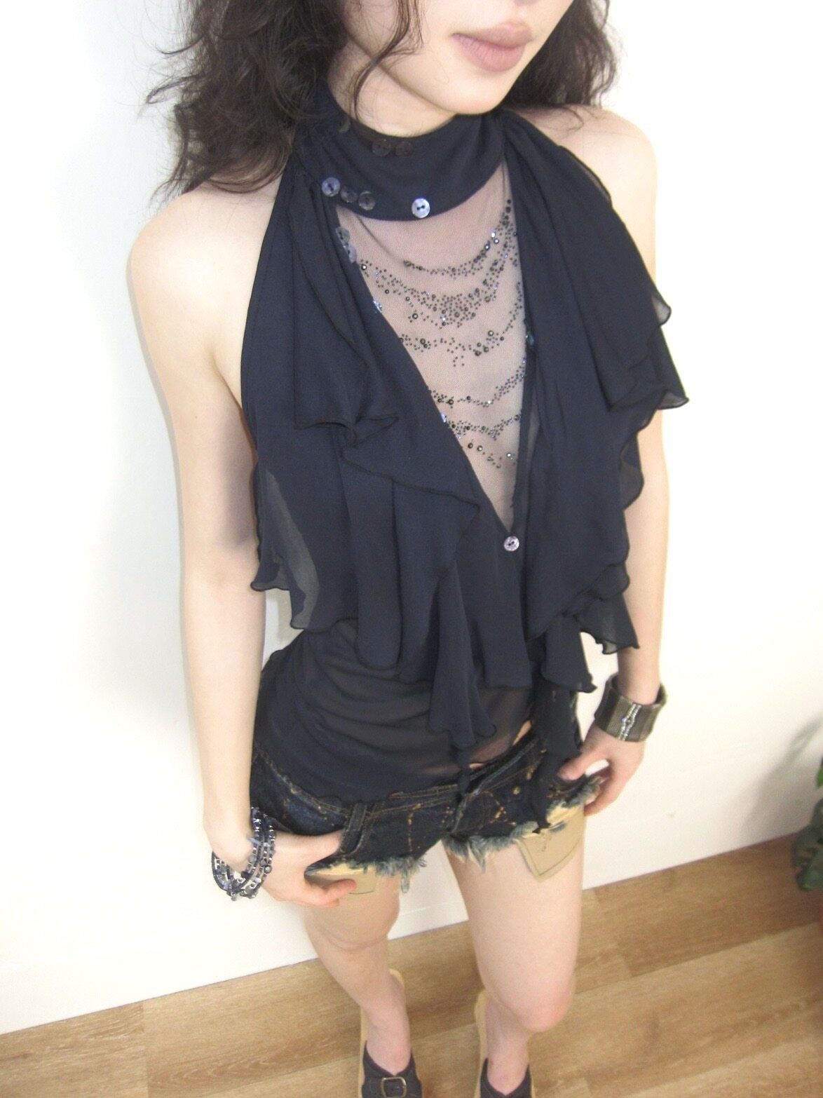OPEN AESTHETIC Rhinestone Ruffle Button Open Back Slim Women&