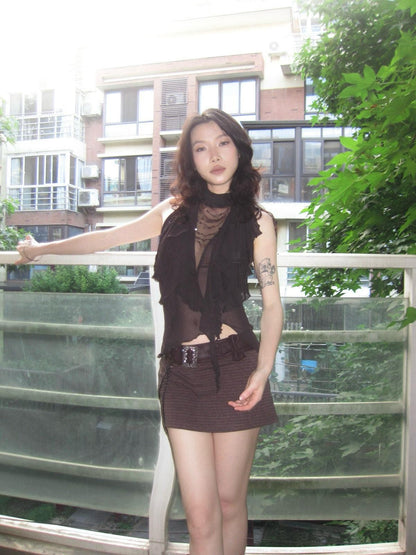 OPEN AESTHETIC Rhinestone Ruffle Button Open Back Slim Women&