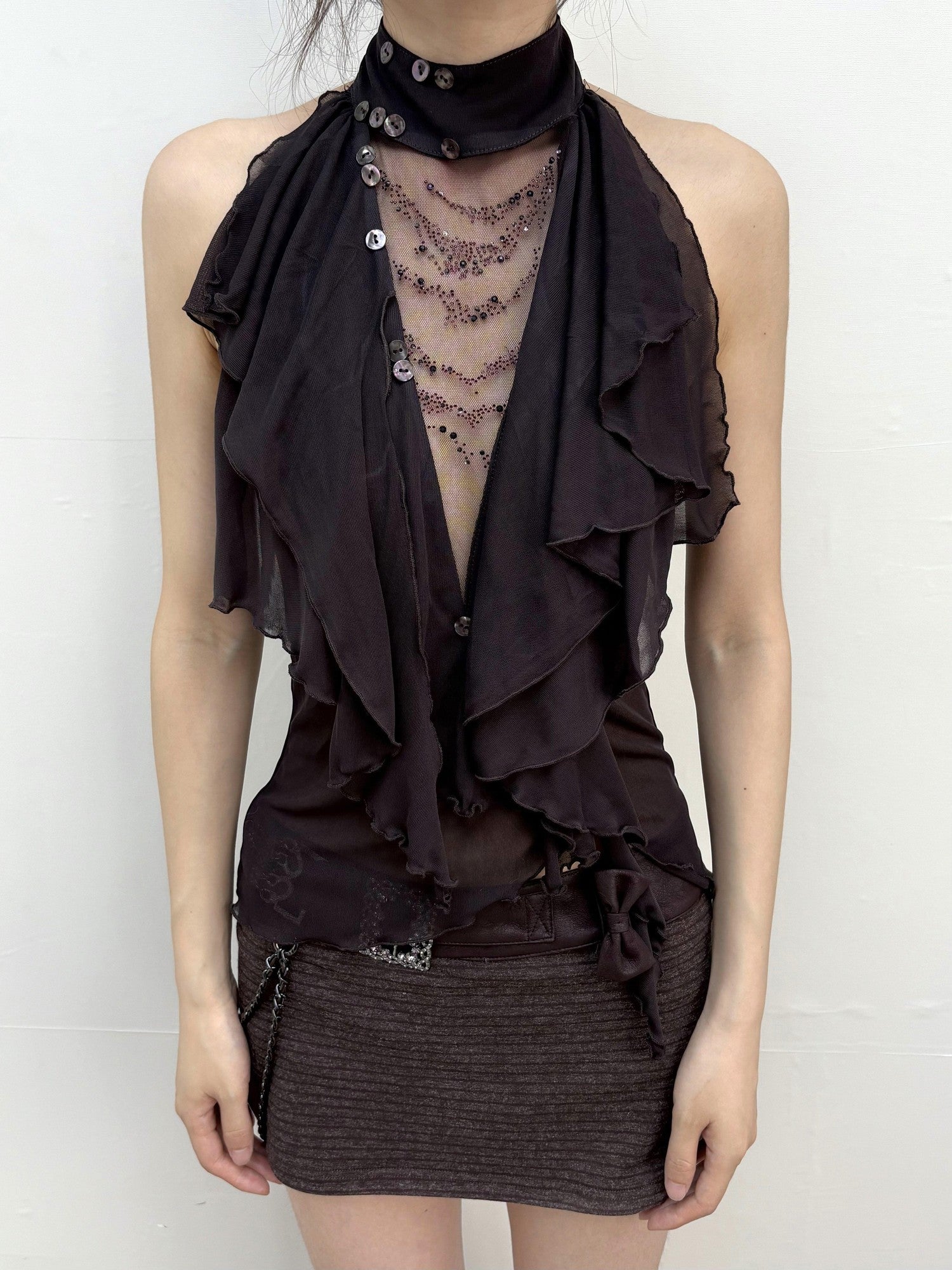 OPEN AESTHETIC Rhinestone Ruffle Button Open Back Slim Women&
