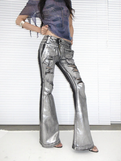 OPEN AESTHETIC Ripped Low Rise Slim Flared Bootcut Dark Wash Stretch Denim Zip Fly Women Jeans