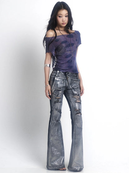 OPEN AESTHETIC Ripped Low Rise Slim Flared Bootcut Dark Wash Stretch Denim Zip Fly Women Jeans