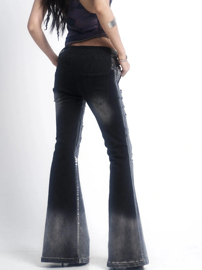 OPEN AESTHETIC Ripped Low Rise Slim Flared Bootcut Dark Wash Stretch Denim Zip Fly Women Jeans