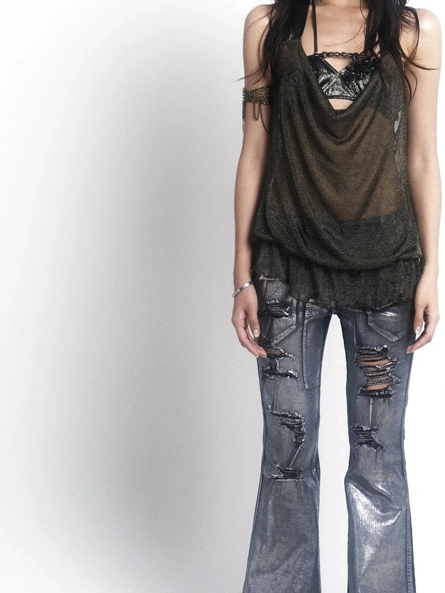 OPEN AESTHETIC Ripped Low Rise Slim Flared Bootcut Dark Wash Stretch Denim Zip Fly Women Jeans