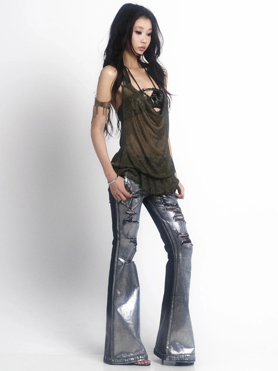 OPEN AESTHETIC Ripped Low Rise Slim Flared Bootcut Dark Wash Stretch Denim Zip Fly Women Jeans