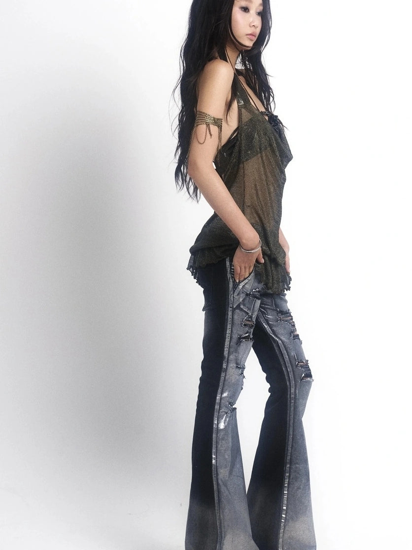 OPEN AESTHETIC Ripped Low Rise Slim Flared Bootcut Dark Wash Stretch Denim Zip Fly Women Jeans