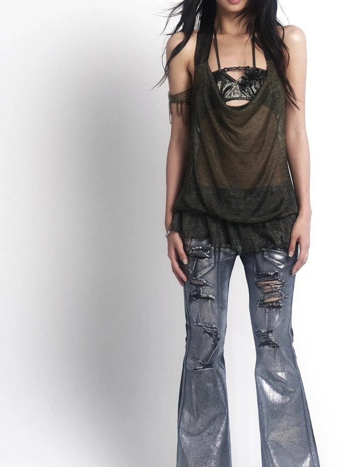 OPEN AESTHETIC Ripped Low Rise Slim Flared Bootcut Dark Wash Stretch Denim Zip Fly Women Jeans