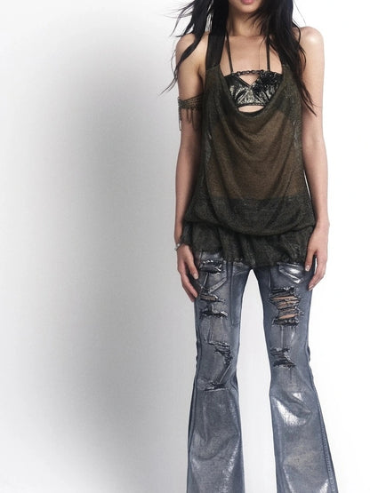 OPEN AESTHETIC Ripped Low Rise Slim Flared Bootcut Dark Wash Stretch Denim Zip Fly Women Jeans