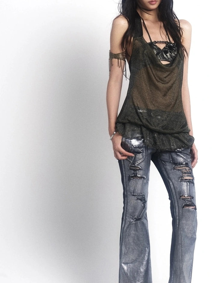 OPEN AESTHETIC Ripped Low Rise Slim Flared Bootcut Dark Wash Stretch Denim Zip Fly Women Jeans
