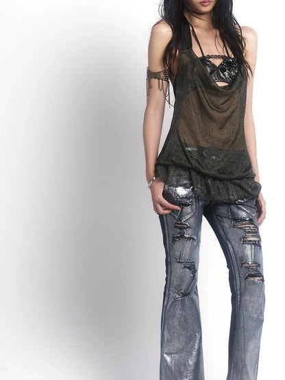 OPEN AESTHETIC Ripped Low Rise Slim Flared Bootcut Dark Wash Stretch Denim Zip Fly Women Jeans