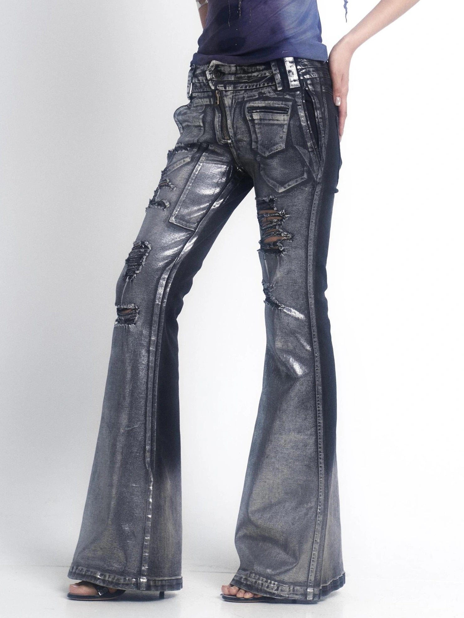 OPEN AESTHETIC Ripped Low Rise Slim Flared Bootcut Dark Wash Stretch Denim Zip Fly Women Jeans