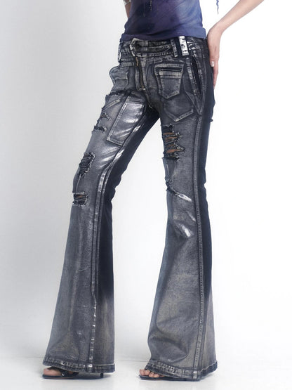 OPEN AESTHETIC Ripped Low Rise Slim Flared Bootcut Dark Wash Stretch Denim Zip Fly Women Jeans