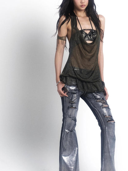 OPEN AESTHETIC Ripped Low Rise Slim Flared Bootcut Dark Wash Stretch Denim Zip Fly Women Jeans