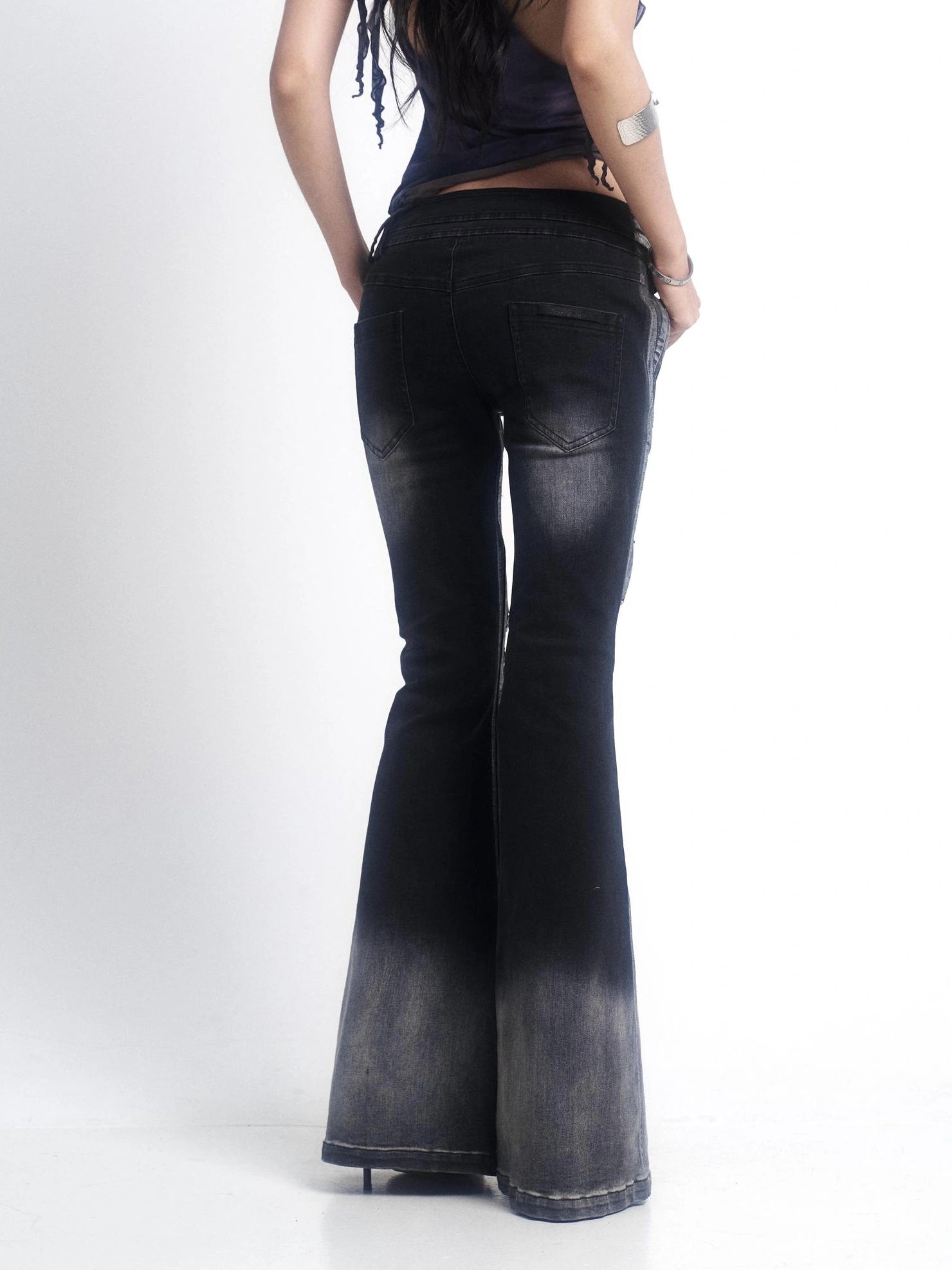 OPEN AESTHETIC Ripped Low Rise Slim Flared Bootcut Dark Wash Stretch Denim Zip Fly Women Jeans