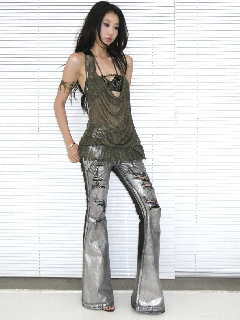 OPEN AESTHETIC Ripped Low Rise Slim Flared Bootcut Dark Wash Stretch Denim Zip Fly Women Jeans