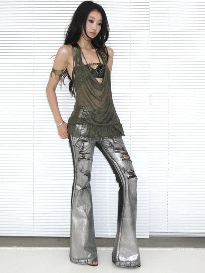 OPEN AESTHETIC Ripped Low Rise Slim Flared Bootcut Dark Wash Stretch Denim Zip Fly Women Jeans