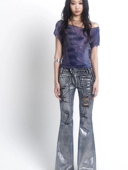 OPEN AESTHETIC Ripped Low Rise Slim Flared Bootcut Dark Wash Stretch Denim Zip Fly Women Jeans