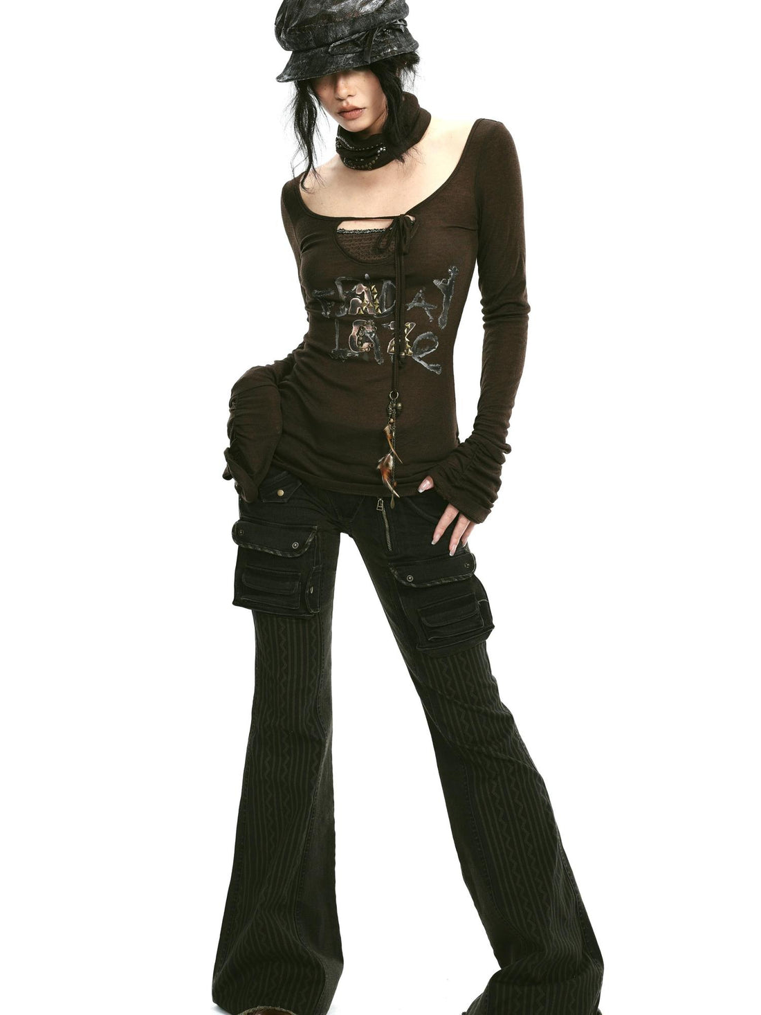 Update OPEN AESTHETIC Rivet Print Knit Top With Detachable Neck Wrap