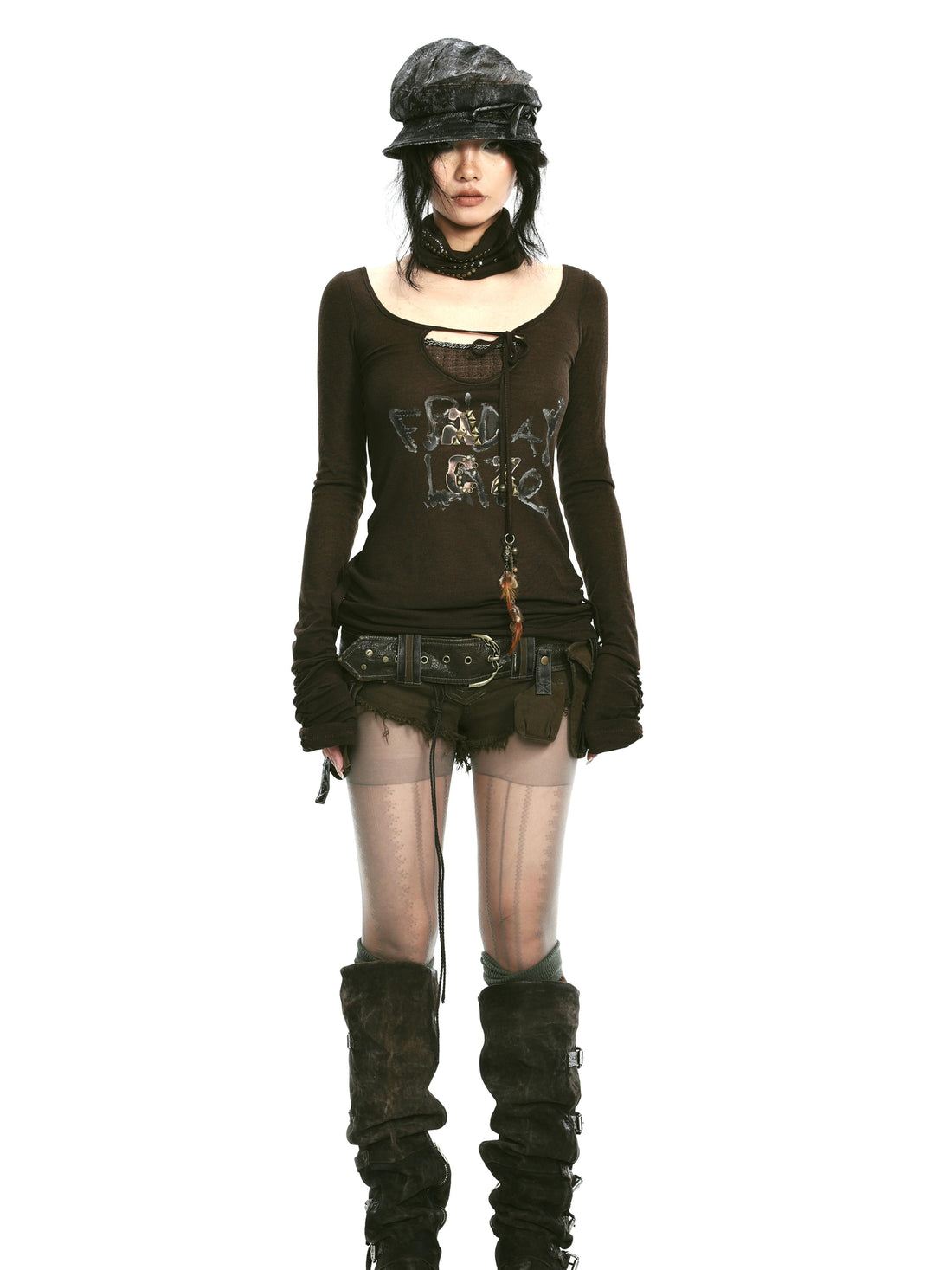 Update OPEN AESTHETIC Rivet Print Knit Top With Detachable Neck Wrap