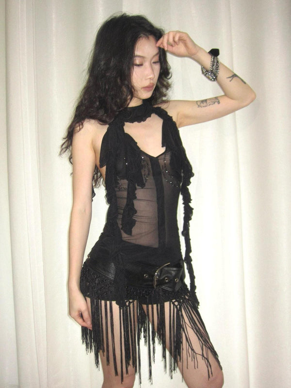 Ruffle Rhinestone Wrap Neck Women's Mesh Cropped Halter Tops