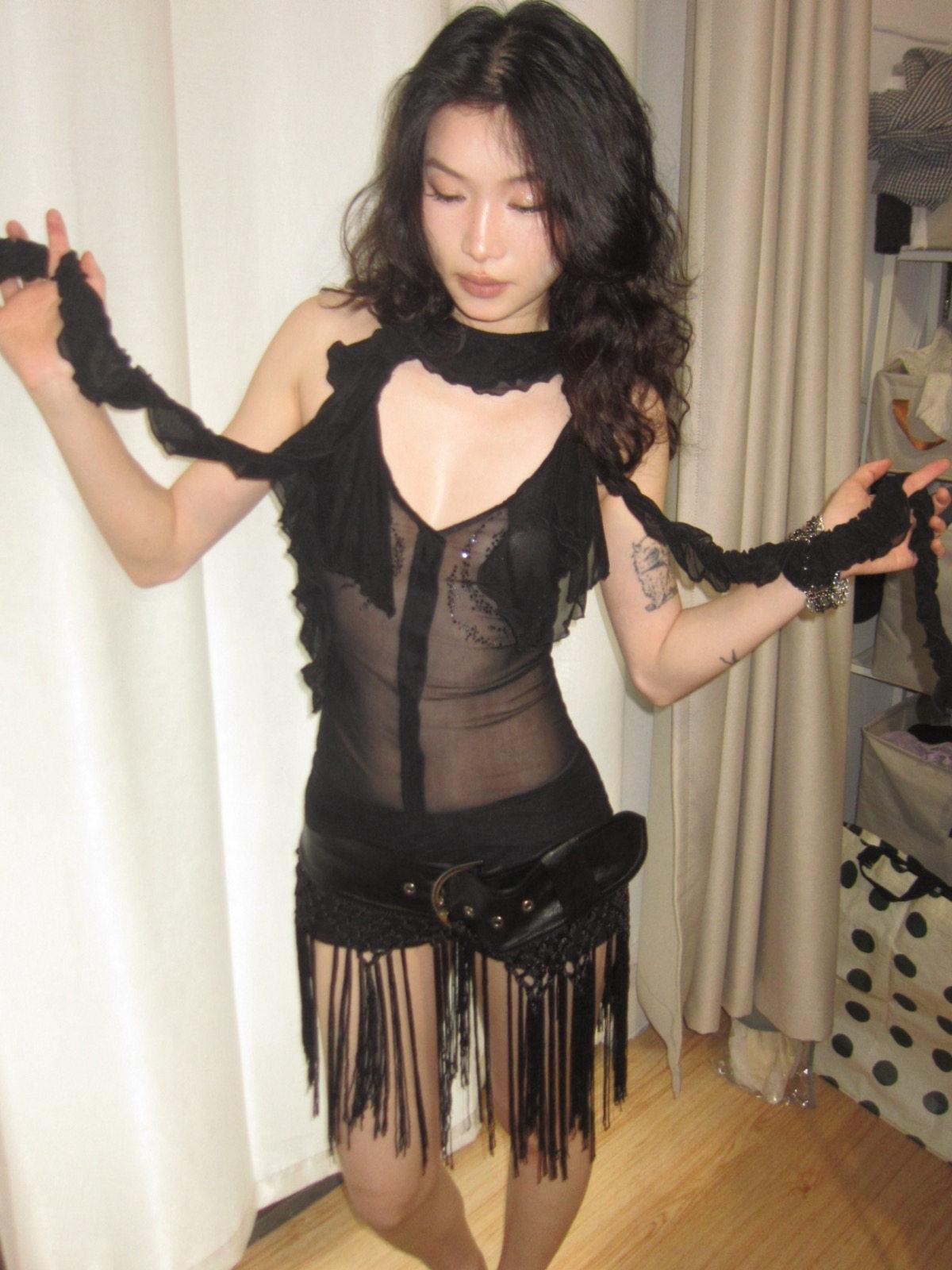 OPEN AESTHETIC Ruffle Rhinestone Wrap Neck Women&