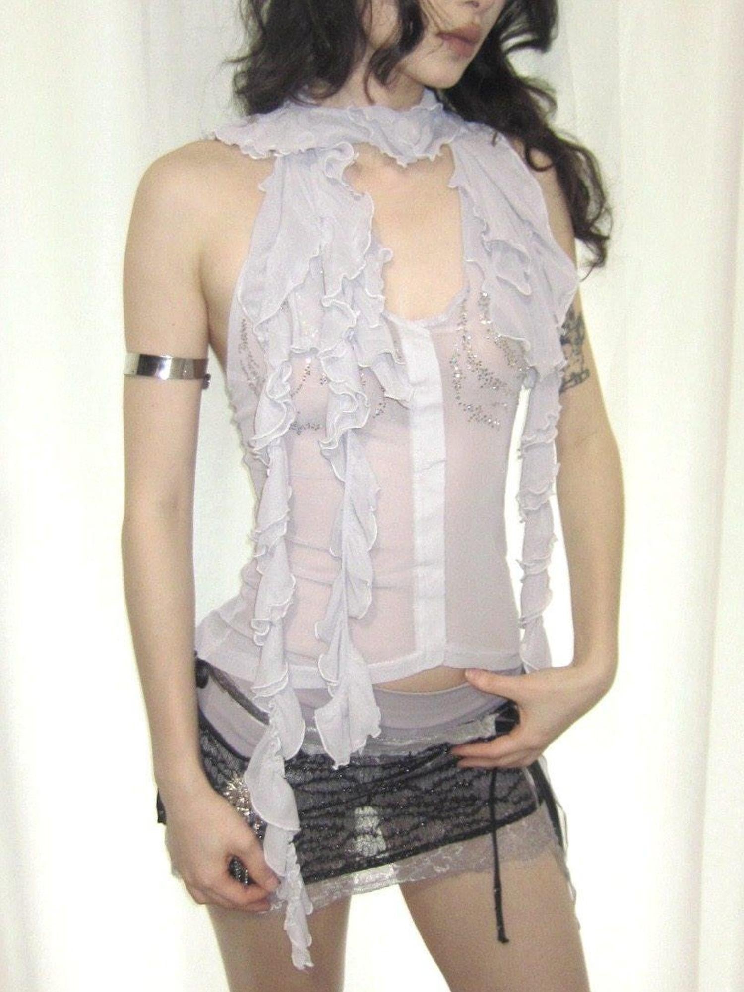 OPEN AESTHETIC Ruffle Rhinestone Wrap Neck Women&