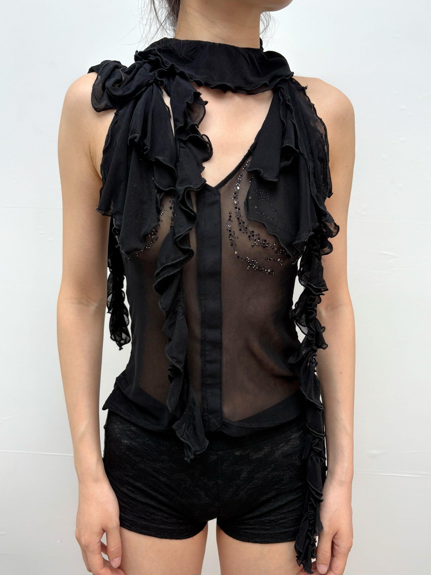 OPEN AESTHETIC Ruffle Rhinestone Wrap Neck Women&