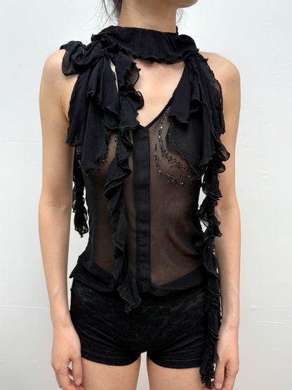 OPEN AESTHETIC Ruffle Rhinestone Wrap Neck Women&