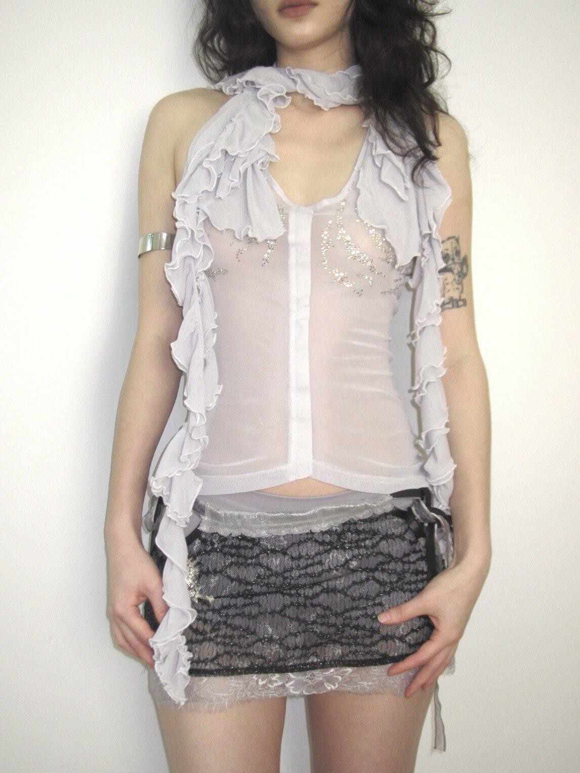 OPEN AESTHETIC Ruffle Rhinestone Wrap Neck Women&