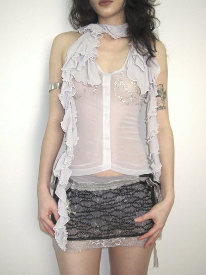 OPEN AESTHETIC Ruffle Rhinestone Wrap Neck Women&