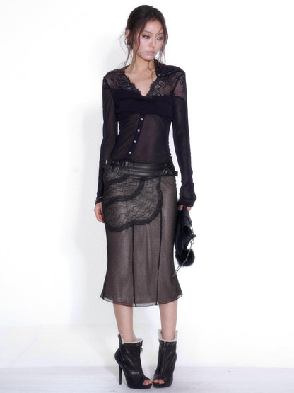OPEN AESTHETIC See Through Sheer Mesh Deep V Cowl Neck Lace Panel Slim Fit Long Sleeve Women&