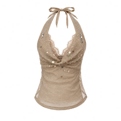 OPEN_AESTHETIC_Sequin_Lace_Spliced_Plunging_V_Faux_Two_Piece_Women&