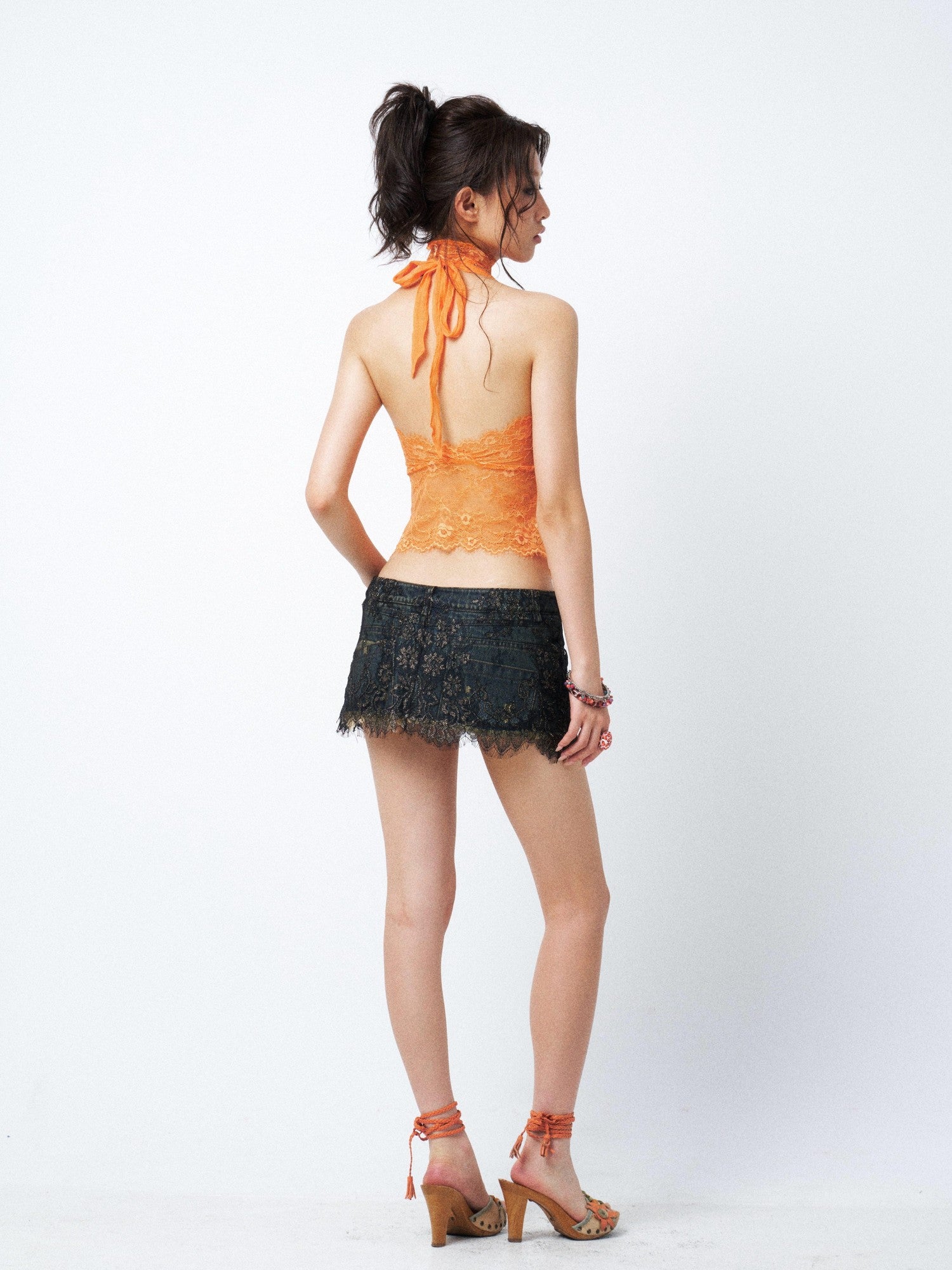 OPEN AESTHETIC Sequin Lace Spliced Plunging V Faux Two Piece Women&
