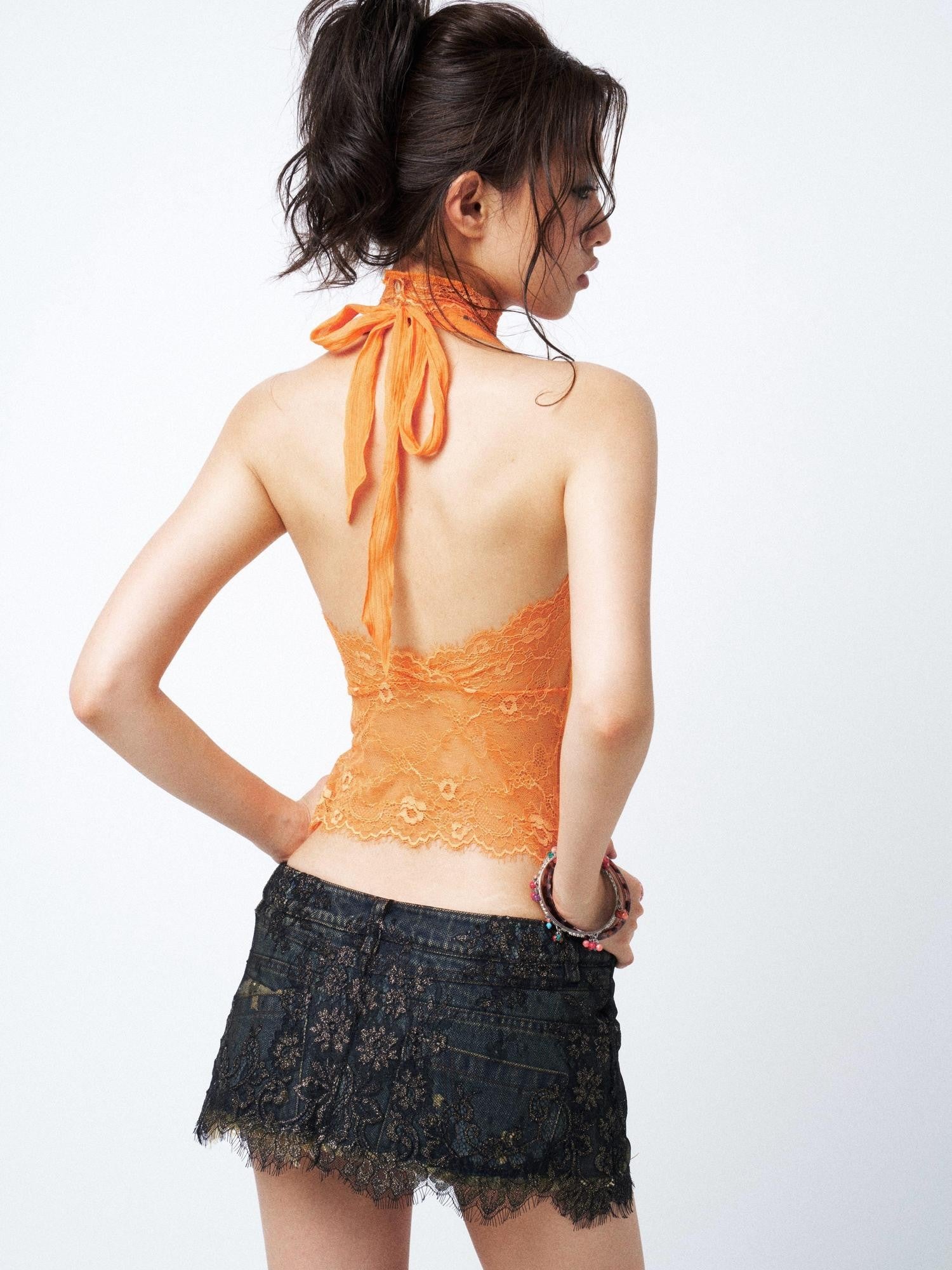 OPEN AESTHETIC Sequin Lace Spliced Plunging V Faux Two Piece Women&