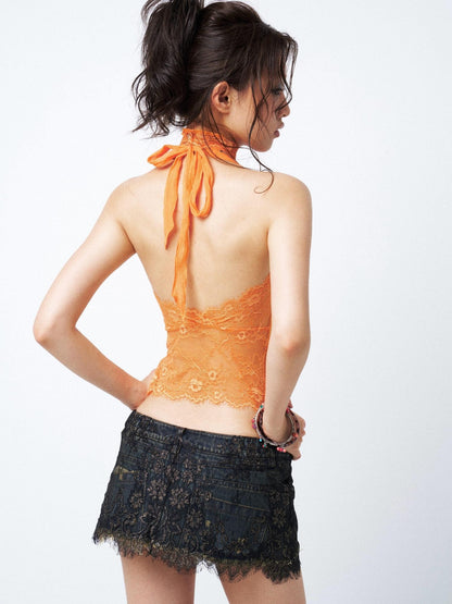 OPEN AESTHETIC Sequin Lace Spliced Plunging V Faux Two Piece Women&