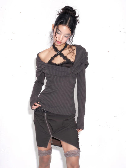 OPEN AESTHETIC Sexy Halter Neck Lace Trim Purple Two Piece Women Casual Travel T-Shirt