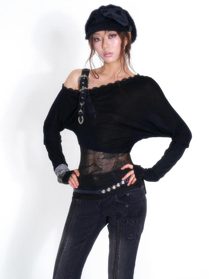 OPEN AESTHETIC Sexy One Shoulder Rhinestone Knit Spliced Long Sleeve Cotton Women&