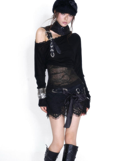 OPEN AESTHETIC Sexy One Shoulder Rhinestone Knit Spliced Long Sleeve Cotton Women&