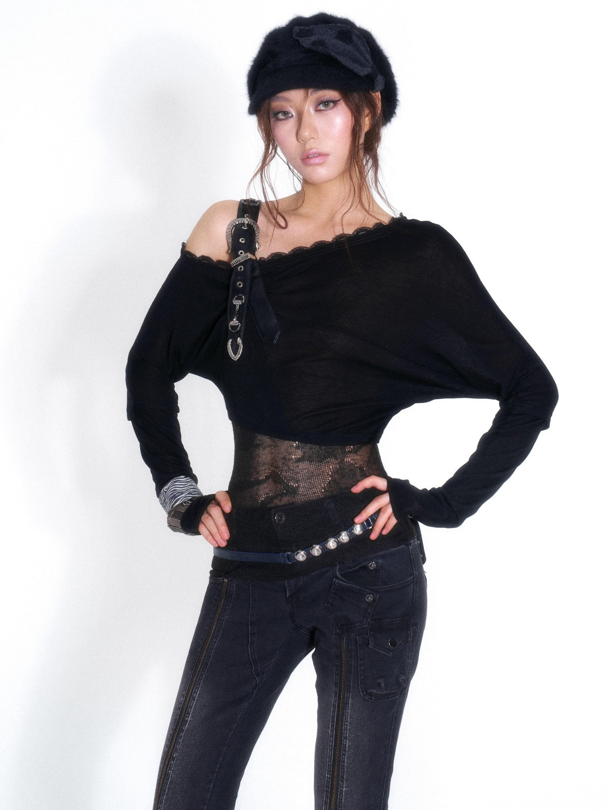 OPEN AESTHETIC Sexy One Shoulder Rhinestone Knit Spliced Long Sleeve Cotton Women&