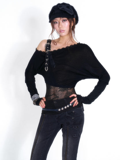 OPEN AESTHETIC Sexy One Shoulder Rhinestone Knit Spliced Long Sleeve Cotton Women&