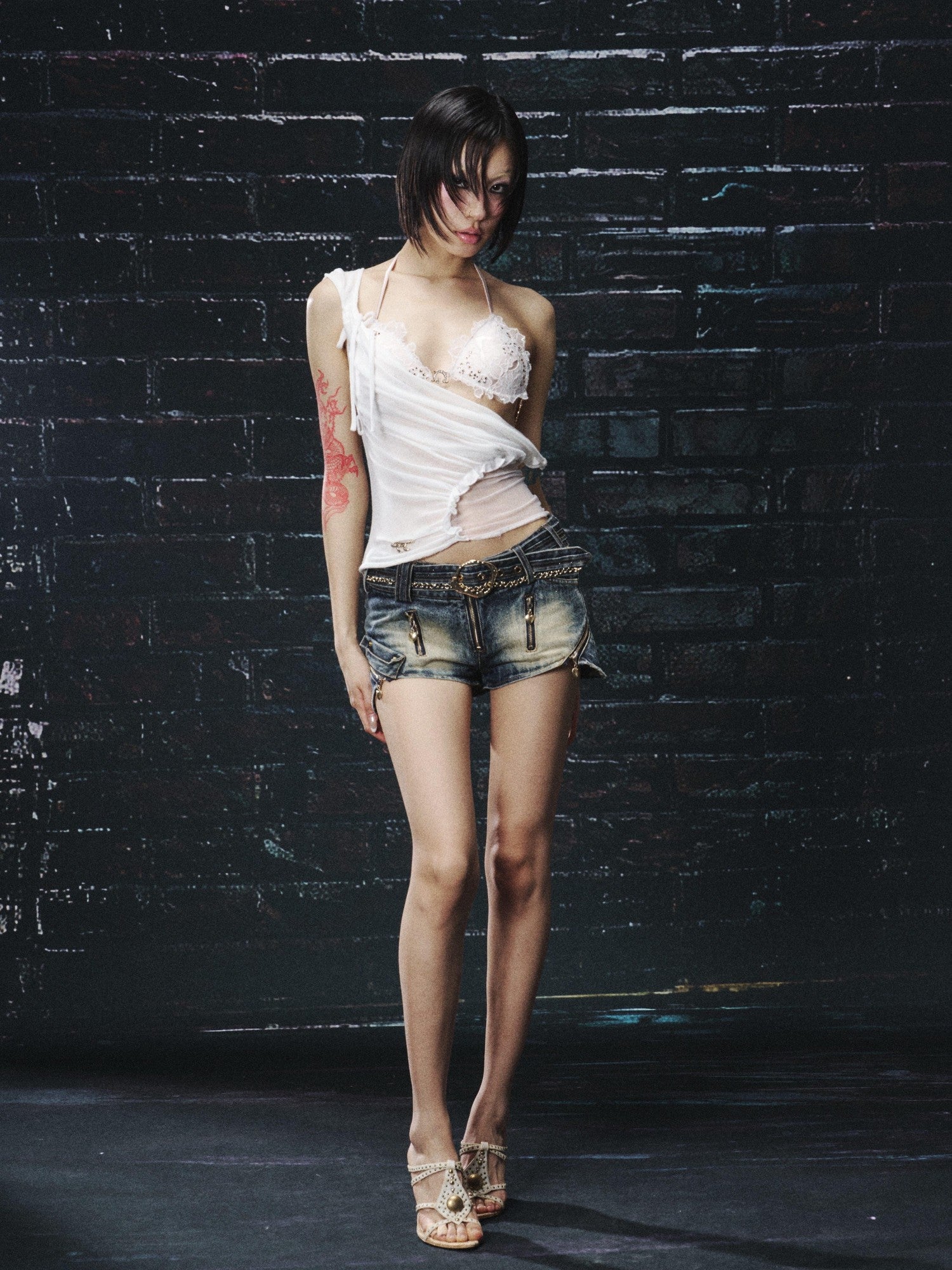 OPEN AESTHETIC Sexy Rhinestone Lace Halter Tie Front Cropped Women&