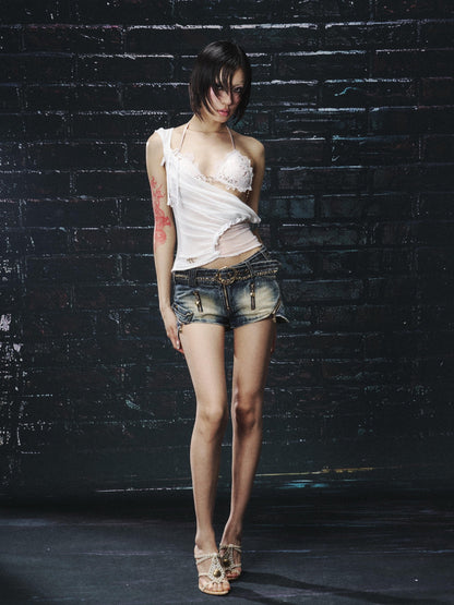 OPEN AESTHETIC Sexy Rhinestone Lace Halter Tie Front Cropped Women&