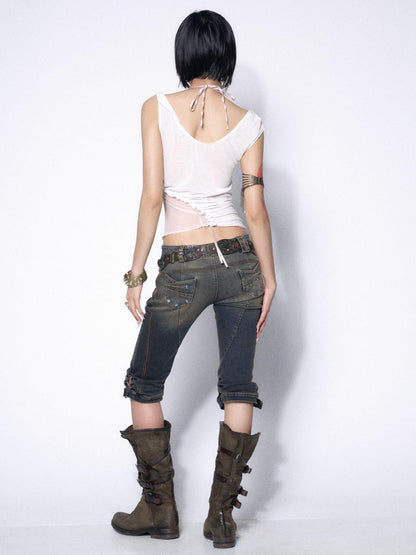 OPEN AESTHETIC Sexy Rhinestone Lace Halter Tie Front Cropped Women&
